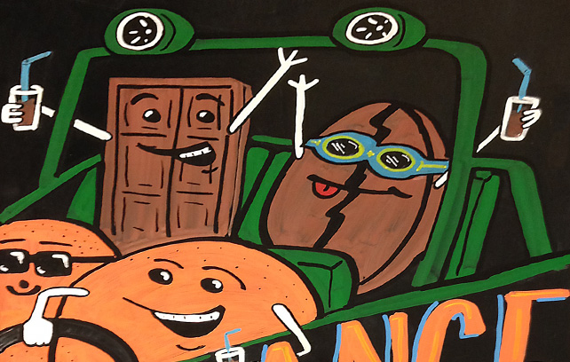 a chalked illustration of two oranges on a joyride in a jeep with a coffee bean and chocolate bar in the backseat