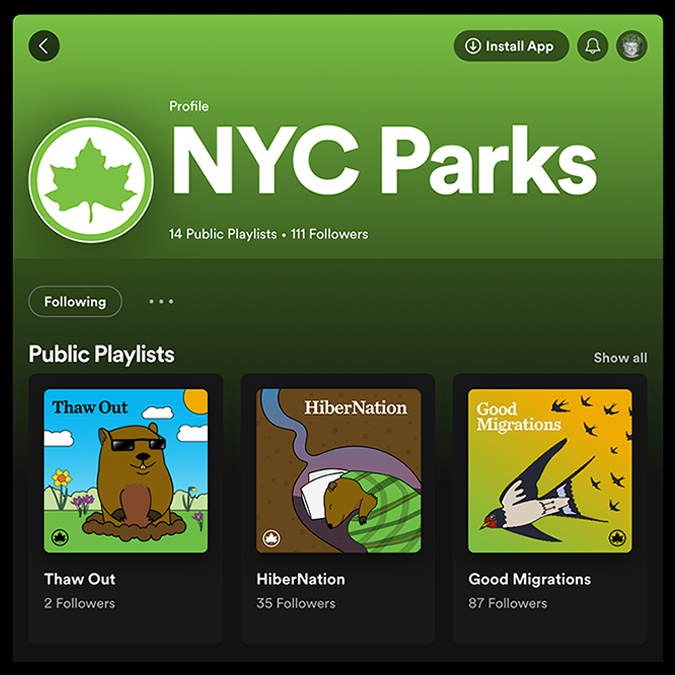 illustrated playlist images that show a groundhog emerging from the den in which it hibernated and a flock of swallows returning to the skies as a celebration of summer migration themed music